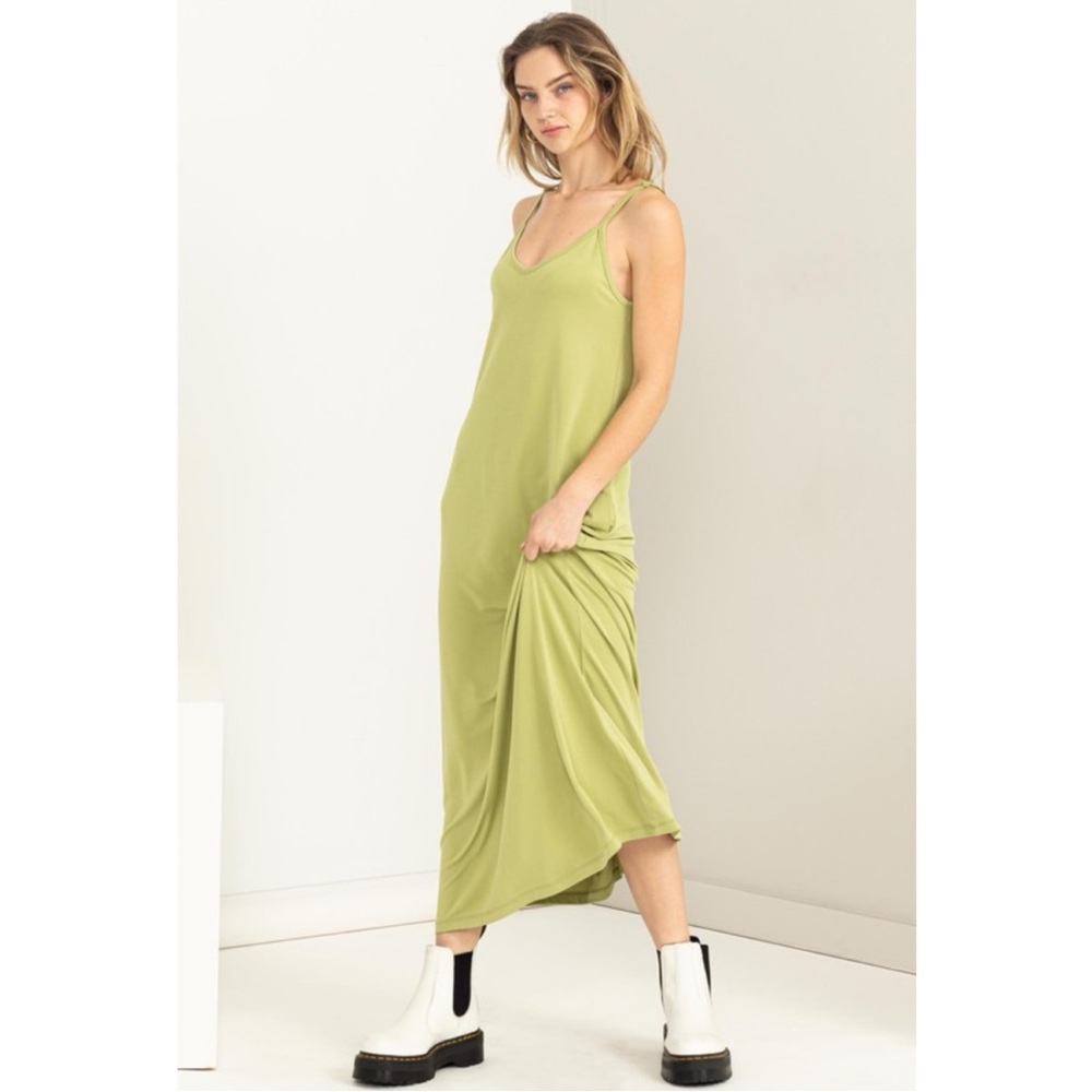 Celery Green Modal Blend Adjustable Strap Long Dress